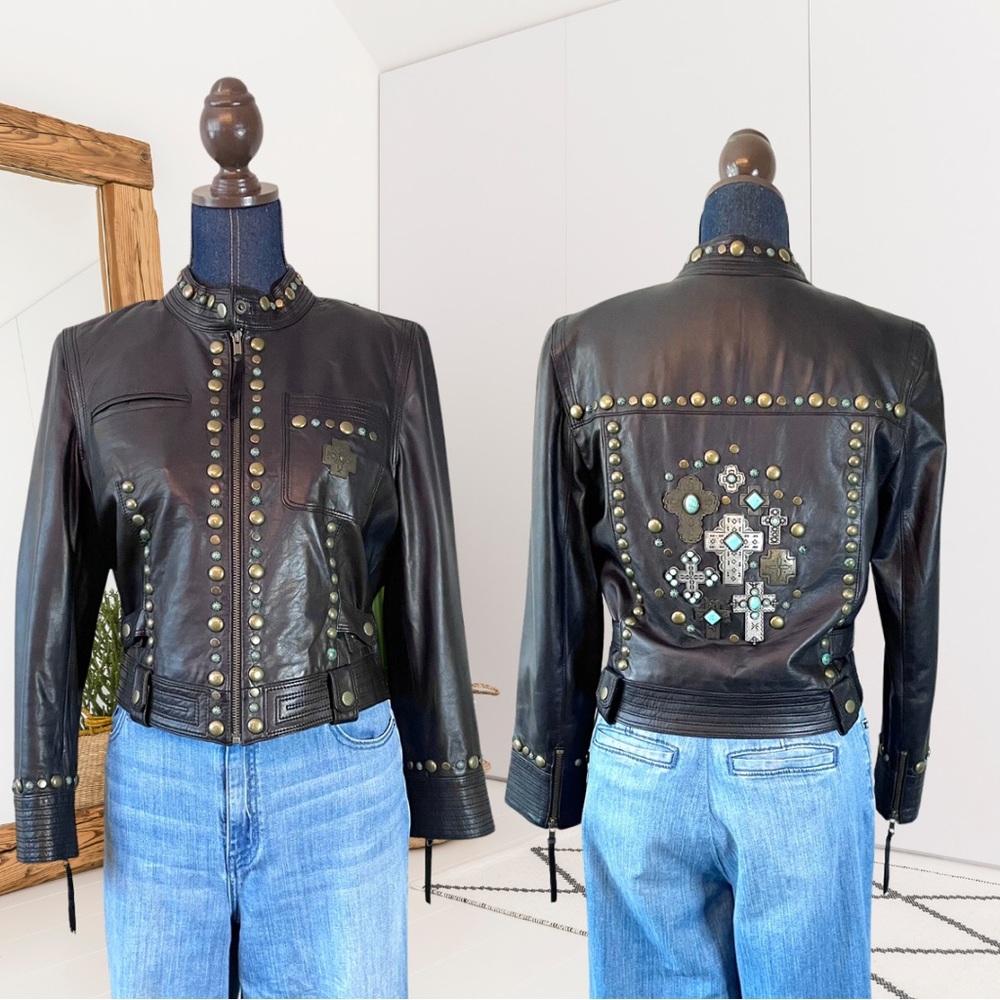 Double D Ranch Zip Front Studded Cross Leather Jacket
